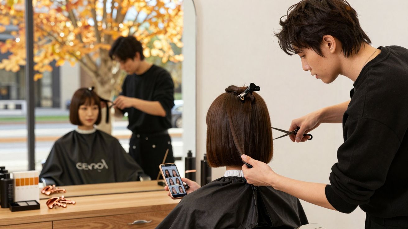 Coiffeur coupe les cheveux d'une femme, qui regarde des styles sur son smartphone dans un salon moderne.