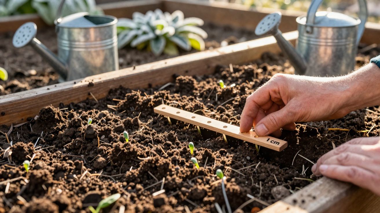 Main mesurant la distance entre des jeunes pousses dans un potager avec un mètre en bois, arrosoirs en arrière-plan.