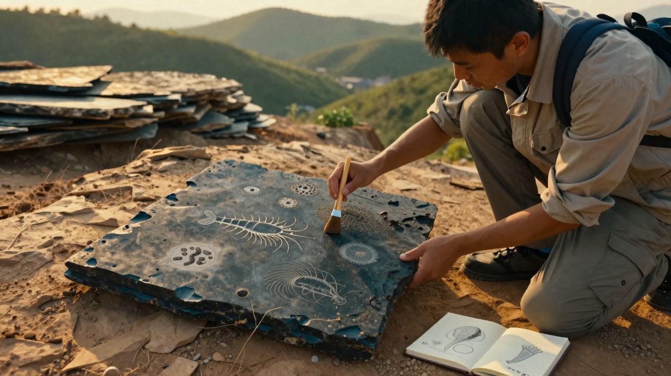 Homme nettoyant une plaque de roche avec des gravures fossiles sur une colline au coucher du soleil.