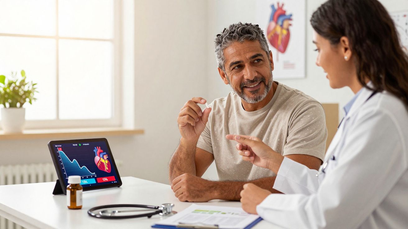 Consultation médicale d'un homme avec une cardiologue, discussion autour du traitement et graphiques cardiaques sur tablette.