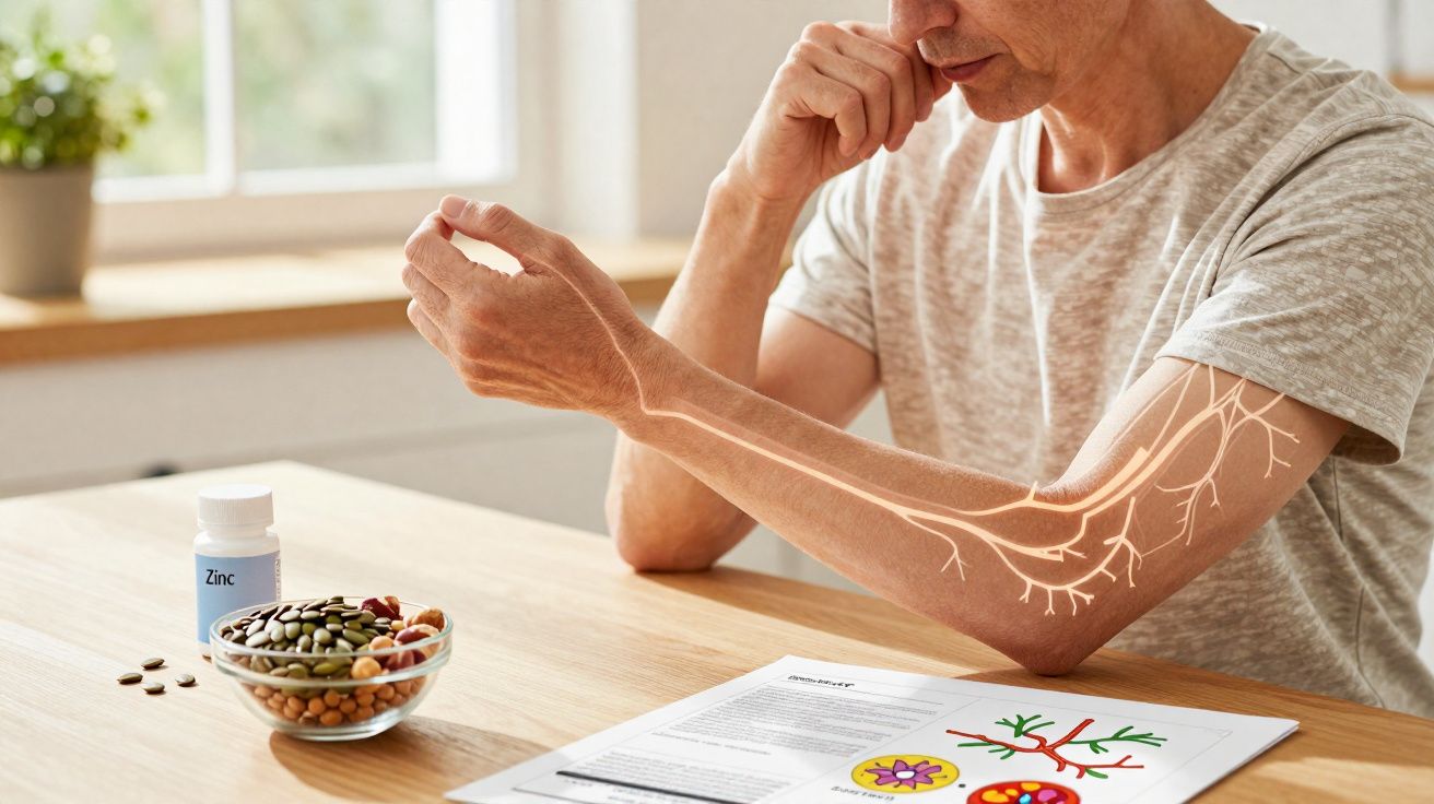 Homme examinant son avant-bras avec illustration des nerfs, pilules et aliments riches en zinc sur la table.