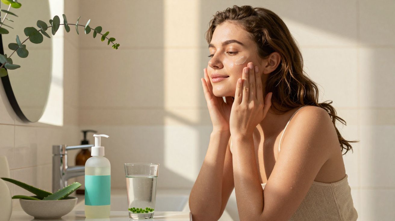 Femme appliquant une crème hydratante sur le visage dans une salle de bain lumineuse au lever du soleil.