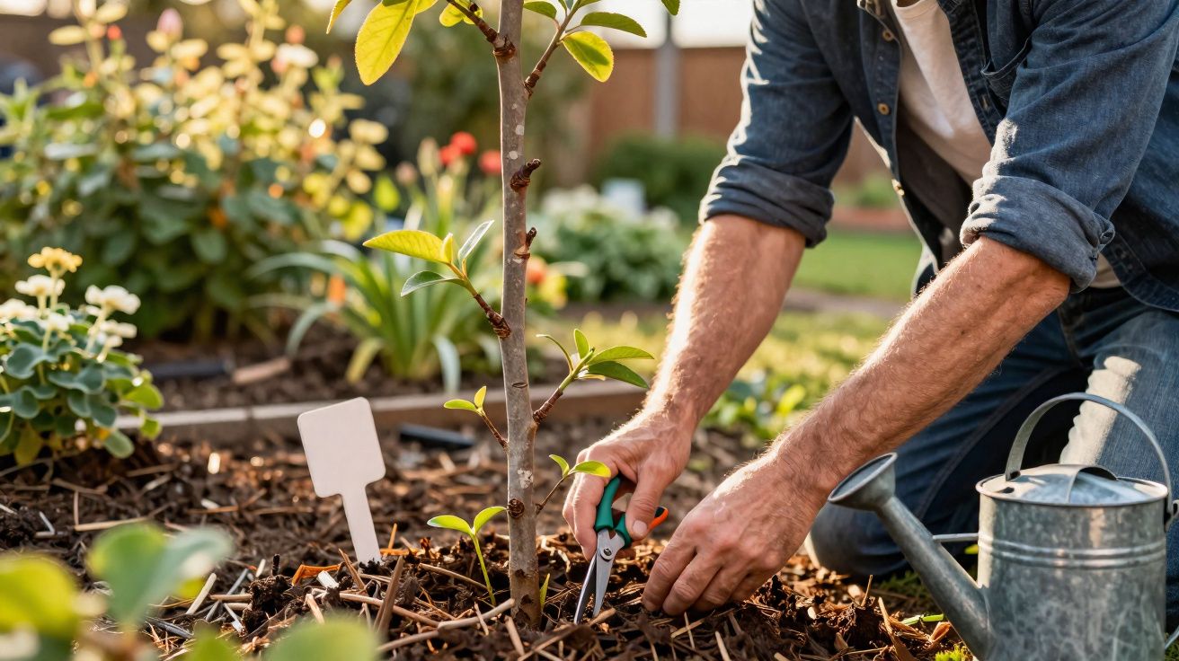 Personne taillant les jeunes pousses d'un arbre dans un jardin ensoleillé avec un arrosoir à côté.