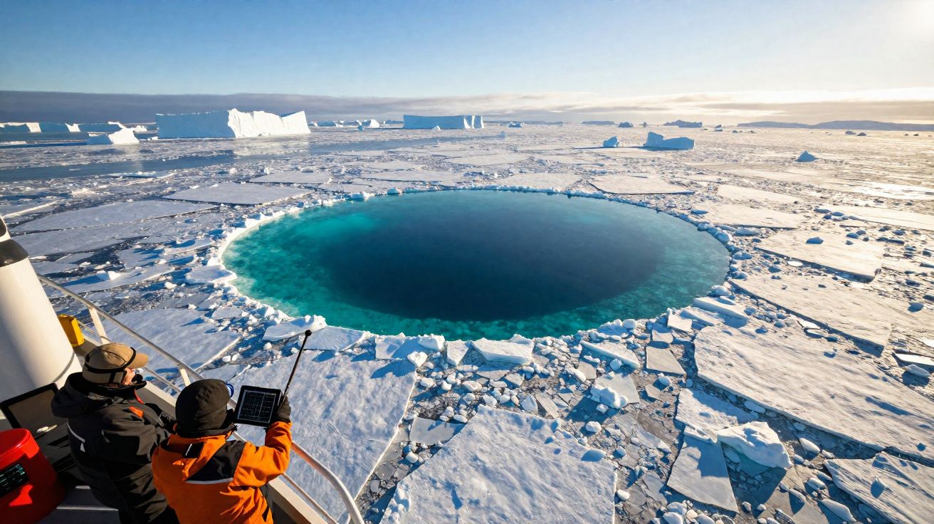 Deux scientifiques observent un grand trou bleu circulaire dans la banquise en Arctique.