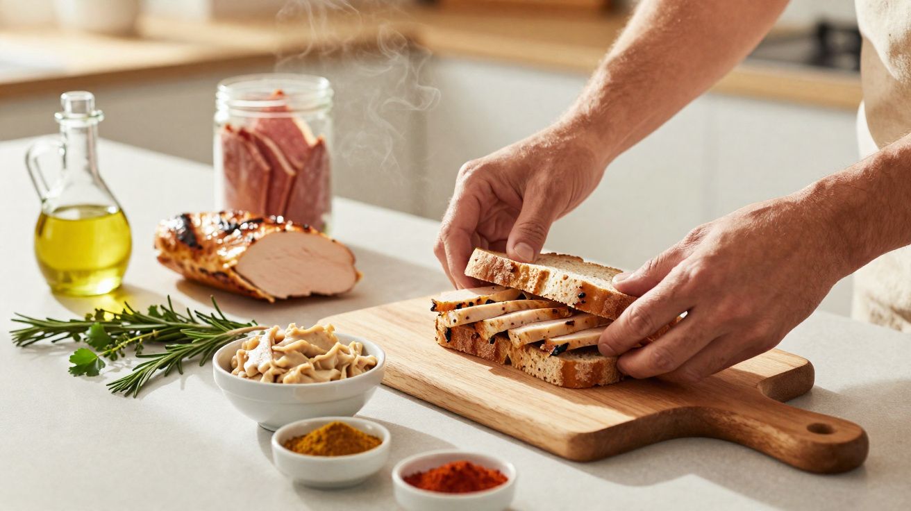 Un homme prépare un sandwich avec du pain grillé et des tranches de viande blanche dans une cuisine lumineuse.
