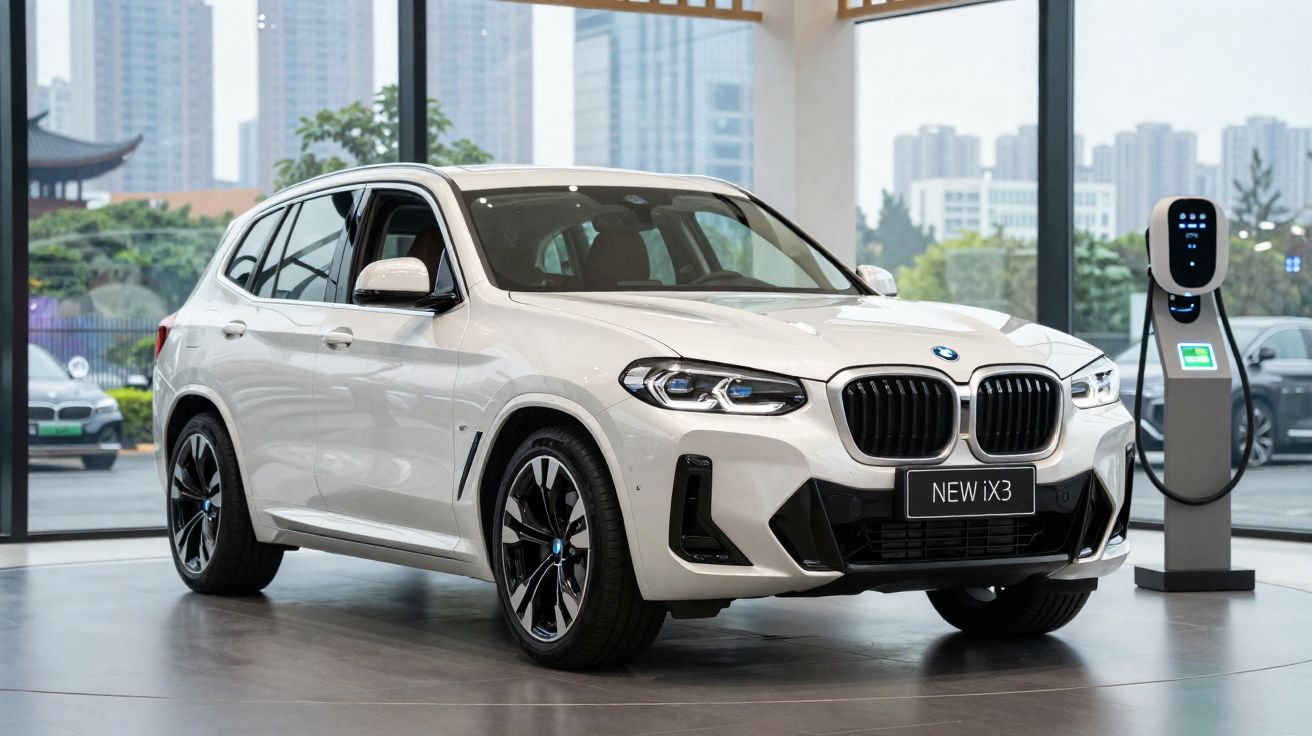 SUV électrique BMW blanc modèle iX3 exposé en intérieur avec borne de recharge à côté.