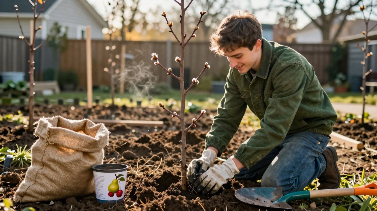 Jeune homme plantant un arbre fruitier dans un jardin ensoleillé avec outils et sac de terreau à côté.
