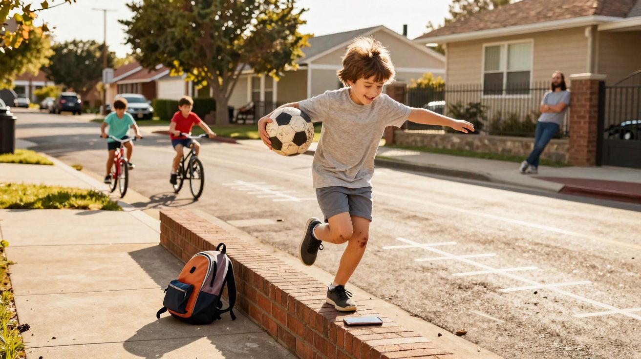 Un garçon saute d’un mur avec un ballon de foot, deux enfants à vélo suivent dans une rue résidentielle.
