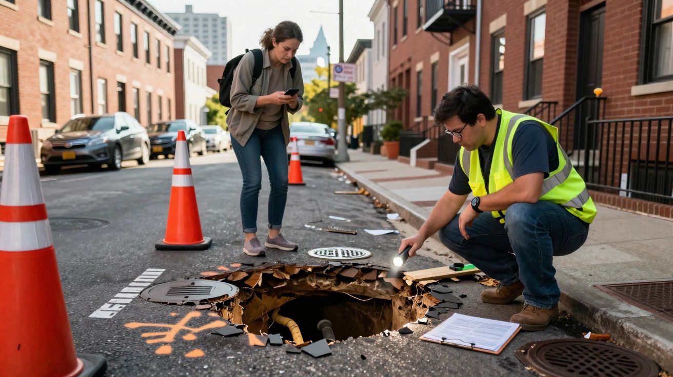 Un homme en gilet réfléchissant inspecte un trou dans la chaussée tandis qu'une femme prend des photos.