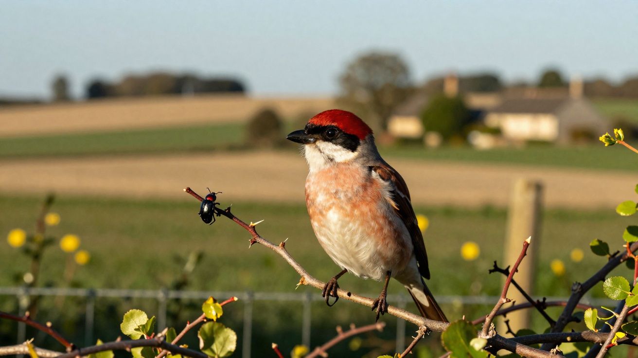 Petit oiseau au plumage roux et noir perché sur une branche avec un insecte, campagne en arrière-plan.