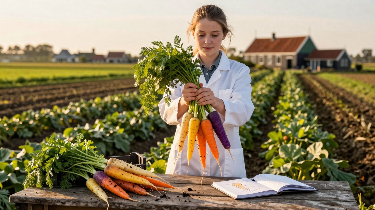 Jeune femme en blouse blanche examinant des carottes multicolores fraîches dans un champ agricole.
