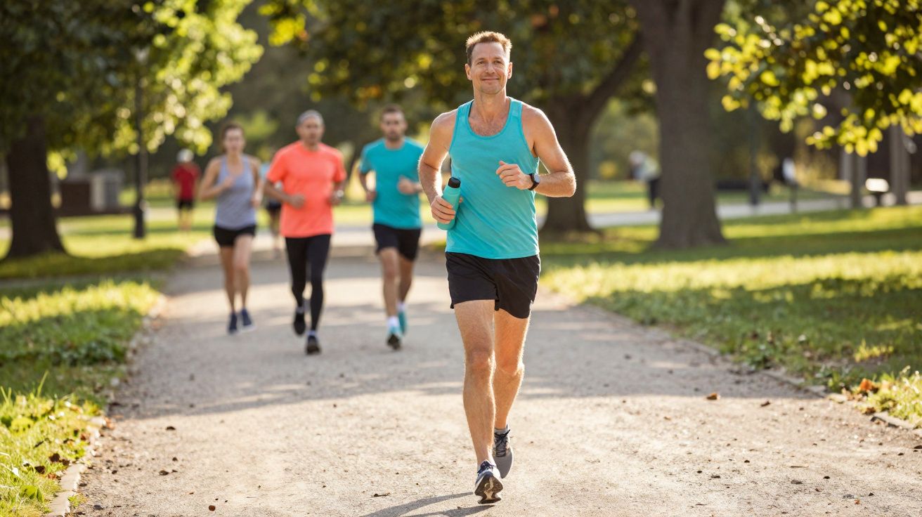 Un homme en débardeur turquoise court devant un groupe de quatre personnes dans un parc ensoleillé.
