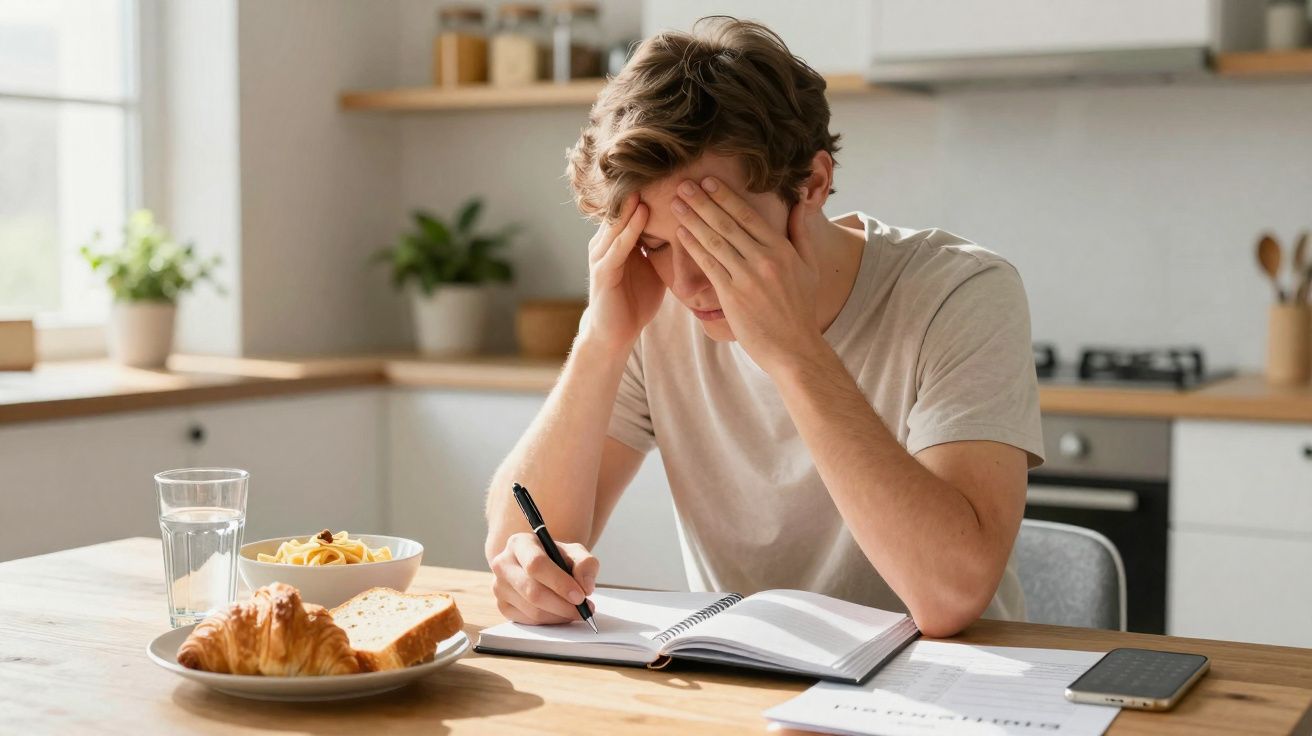 Jeune homme stressé écrivant dans un carnet à une table de cuisine avec nourriture et téléphone posé dessus.