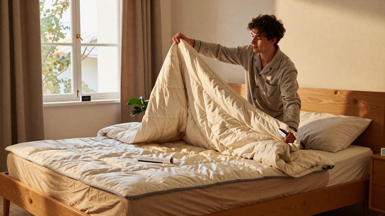 Jeune homme en pyjama préparant un lit dans une chambre lumineuse avec fenêtre et mobilier en bois clair.