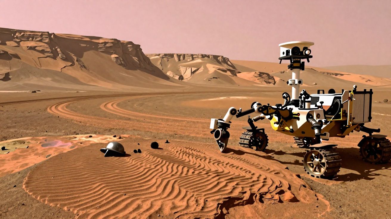 Rover d'exploration sur le sol martien avec des traces de roues et un casque partiellement enterré dans le sable.