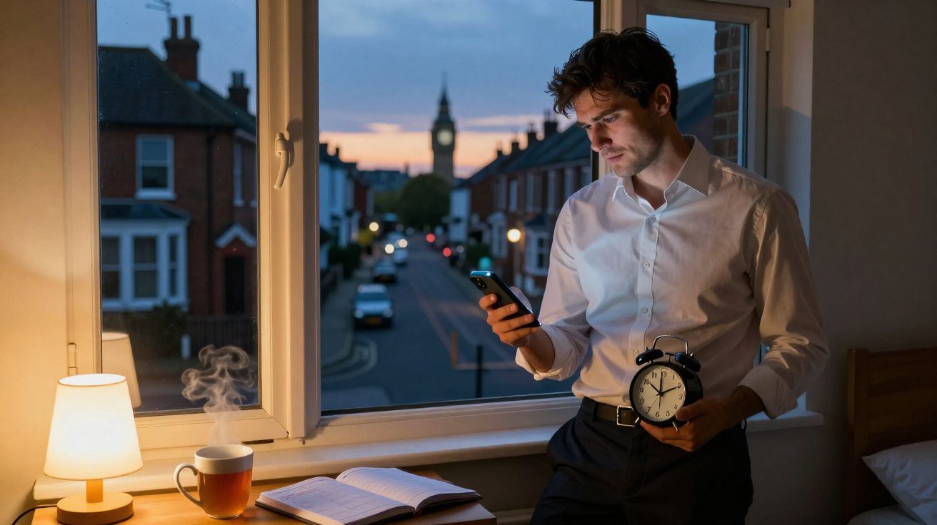 Homme en chemise blanche tenant un réveil et un téléphone près d'une fenêtre ouverte au crépuscule.