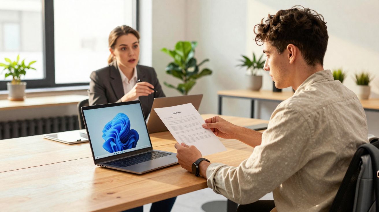Un homme passant un entretien d'embauche avec une femme recruteuse dans un bureau moderne.