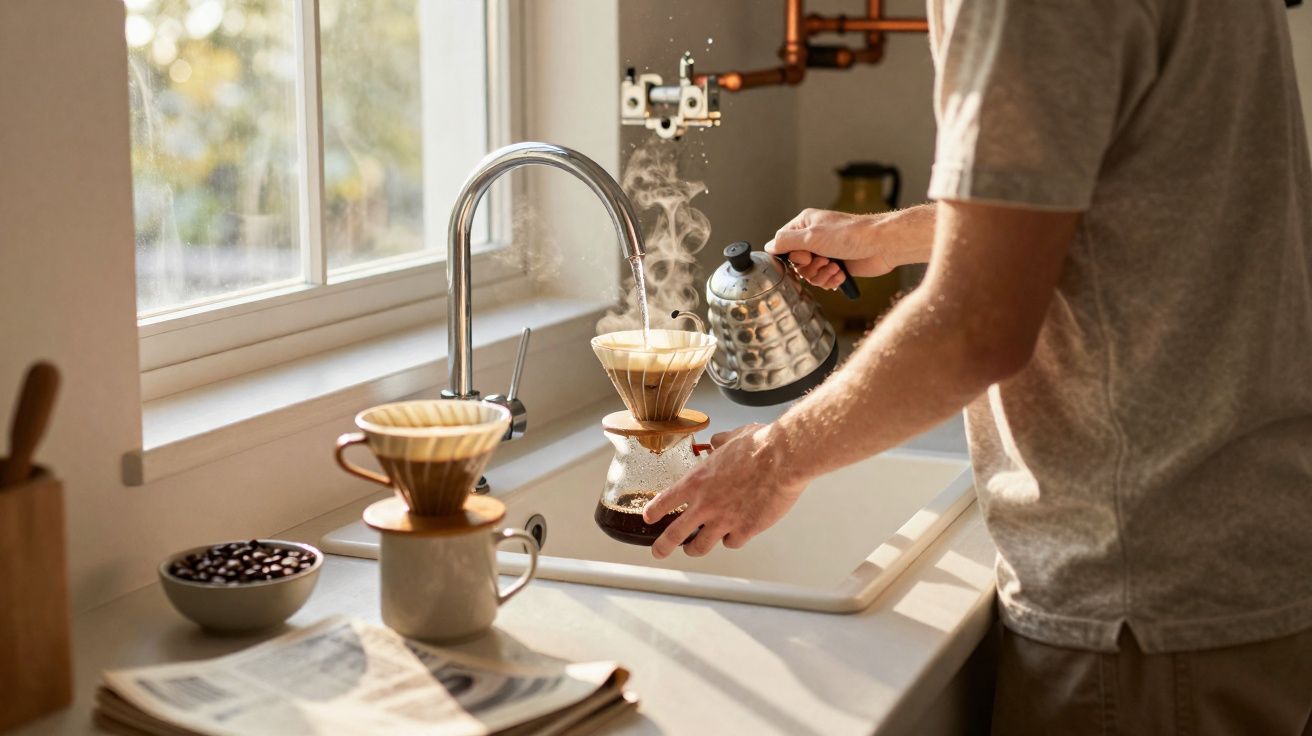 Personne versant de l'eau chaude fumante dans un filtre à café posé sur une carafe dans une cuisine lumineuse.