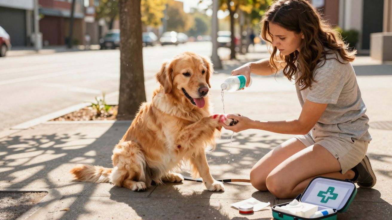 Jeune femme nettoyant la patte blessée d'un chien Golden Retriever assis sur un trottoir ensoleillé.