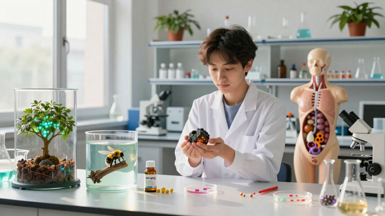 Jeune scientifique en blouse blanche observant un objet en laboratoire avec plantes et modèle anatomique humain.