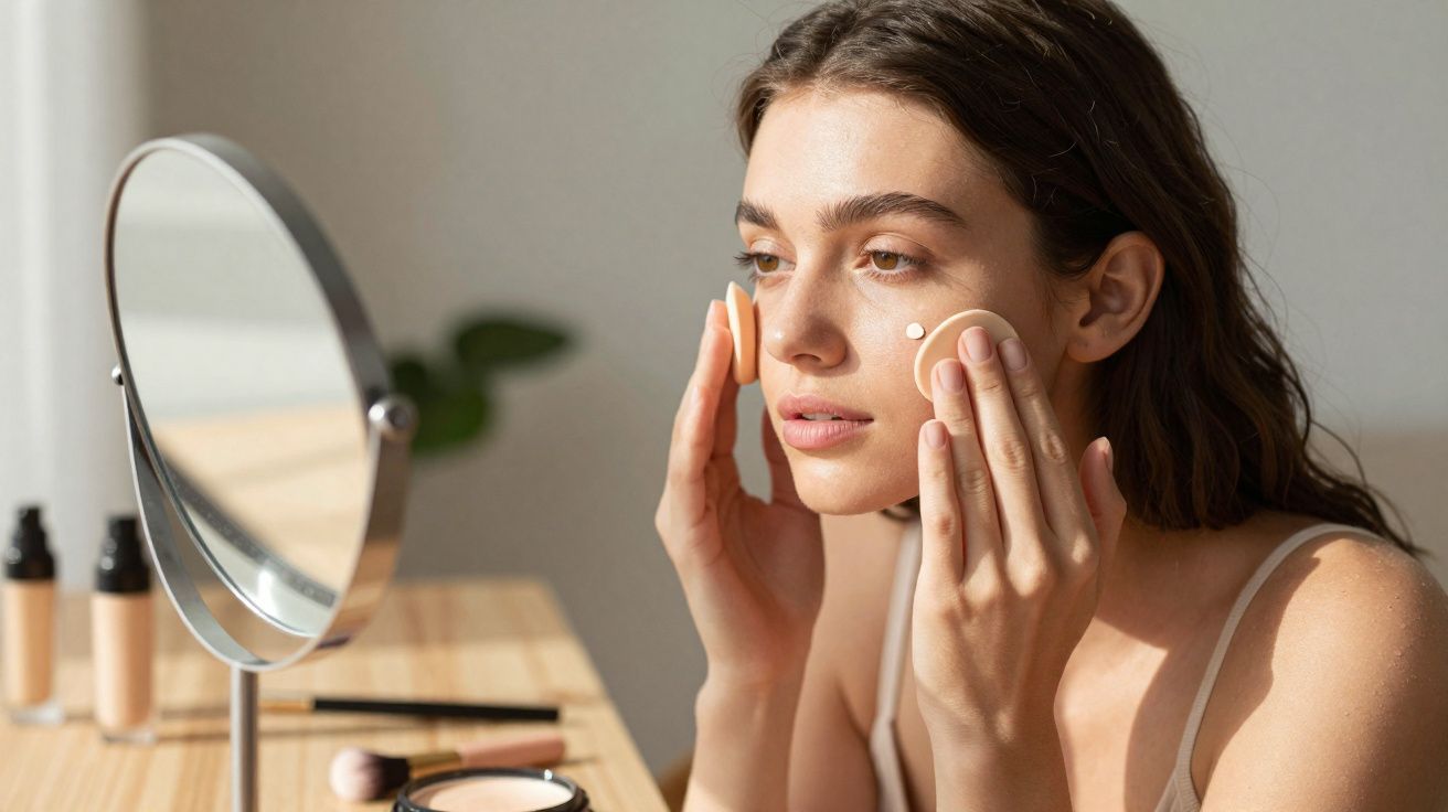 Jeune femme appliquant du fond de teint sur son visage avec une houppette devant un miroir sur une table en bois.