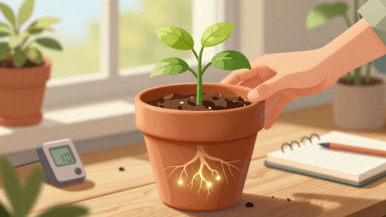 Main touchant un pot de fleur avec une jeune plante et racines lumineuses sur une table en bois près d'une fenêtre.