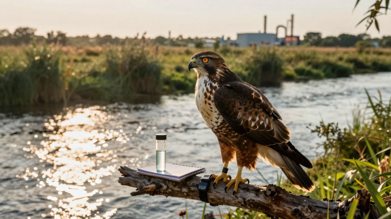 Faucon perché sur une branche au bord d'une rivière, près d'un carnet et d'un flacon au coucher du soleil.