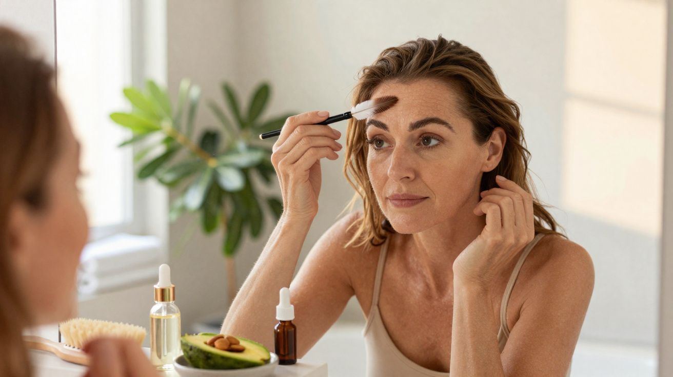 Femme appliquant du maquillage sur ses sourcils devant un miroir, avec des soins et un avocat sur la table.
