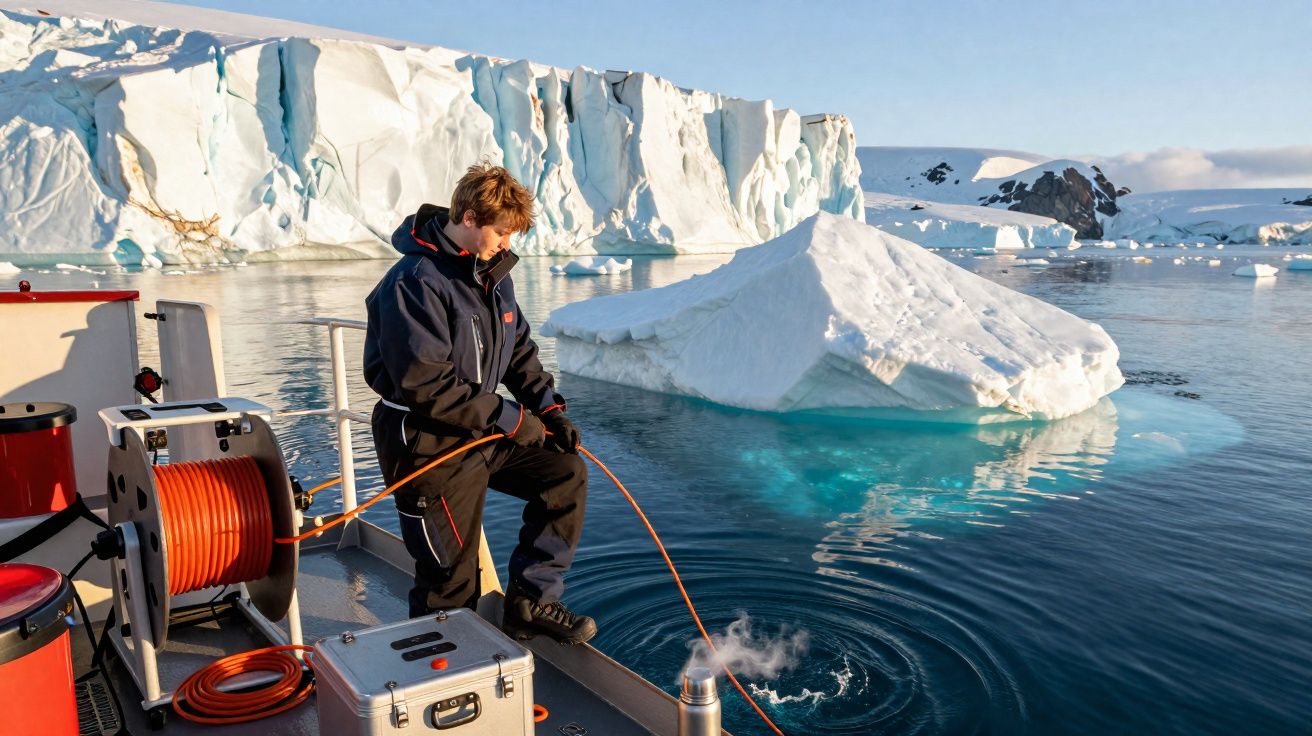 Chercheur sur un bateau récupérant de l'eau de mer près d'un iceberg dans une région polaire.