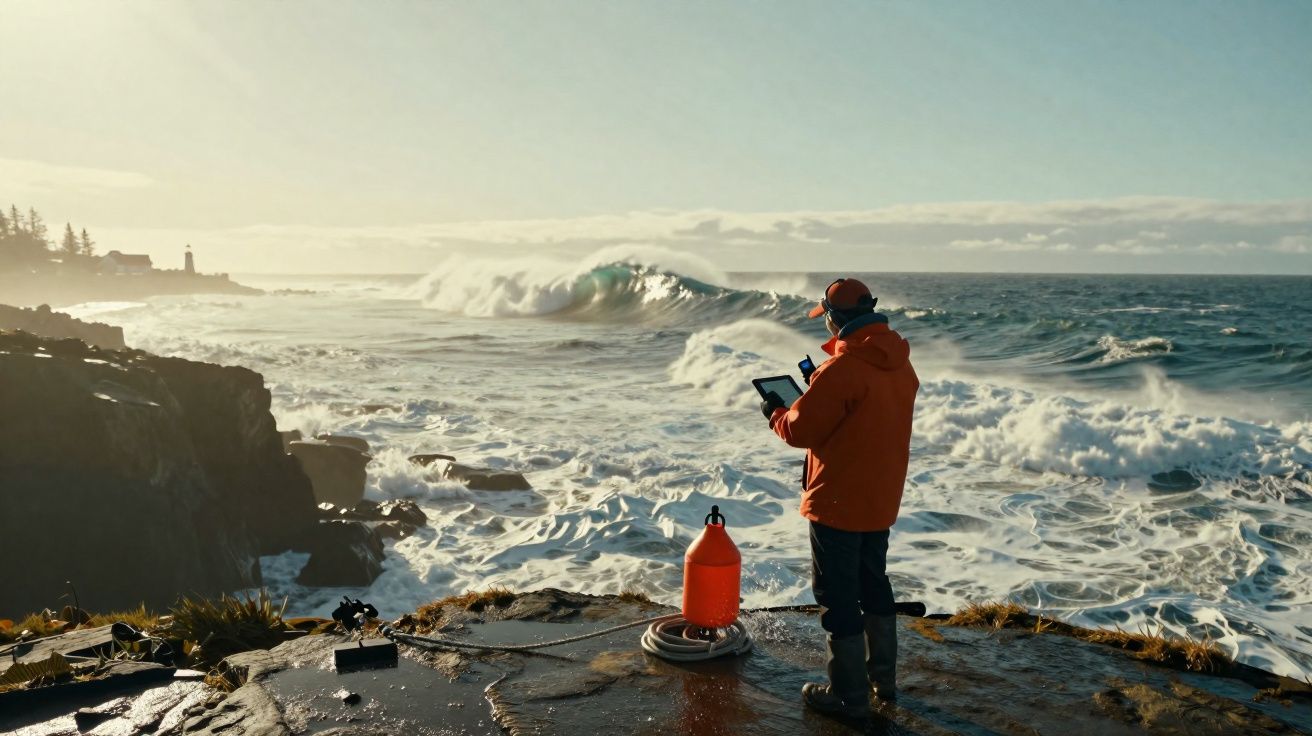 Personne en veste orange utilisant une tablette près de la mer agitée avec des vagues et un phare au loin.