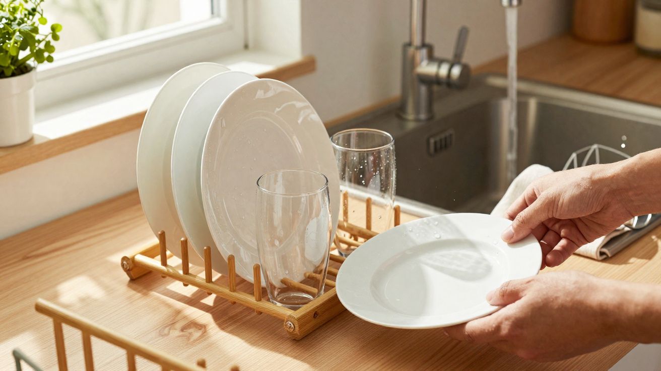Personne rangeant une assiette blanche dans un égouttoir en bois à côté d'un évier de cuisine.