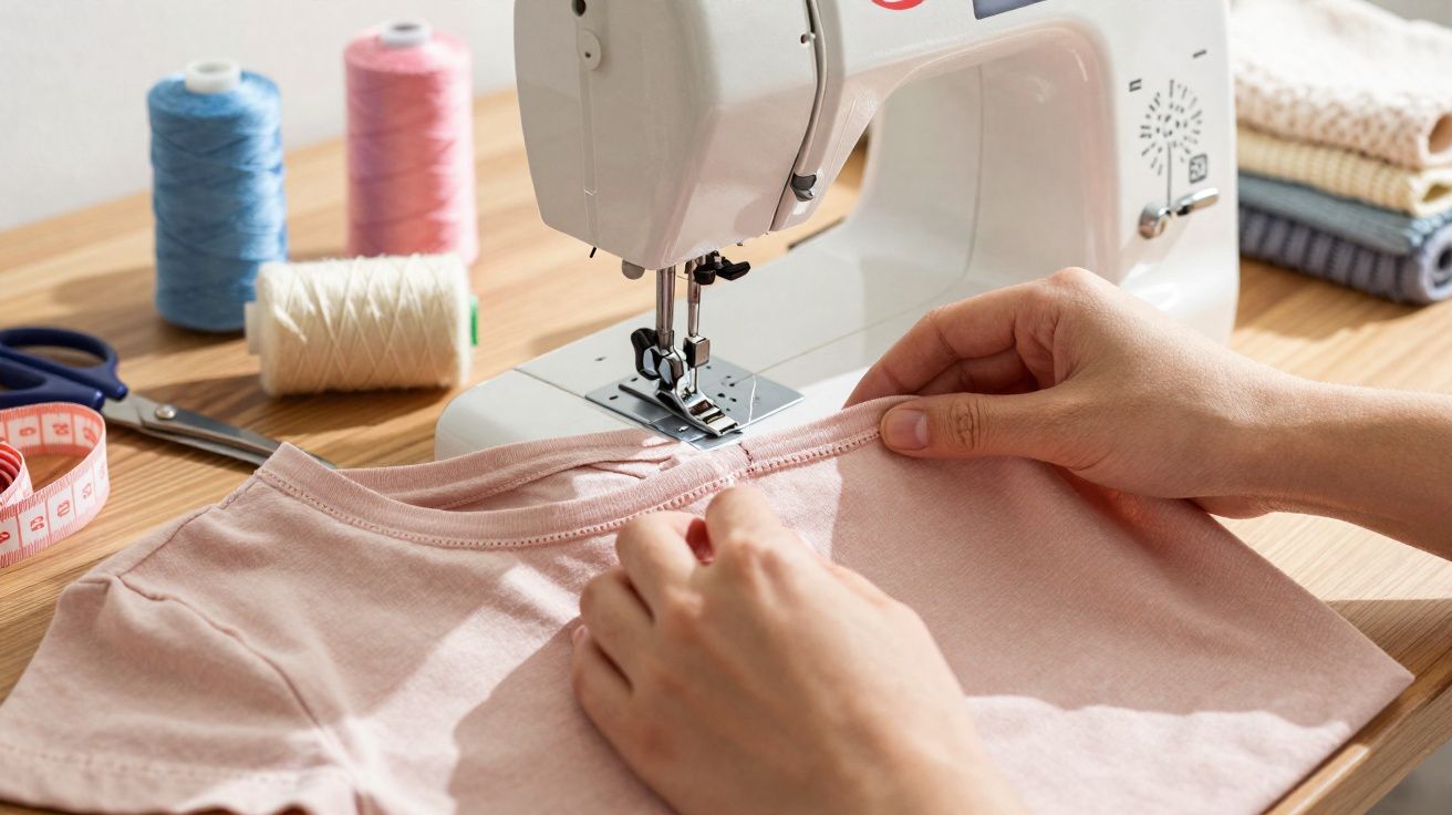 Personne utilisant une machine à coudre pour coudre un tissu rose clair sur une table en bois.