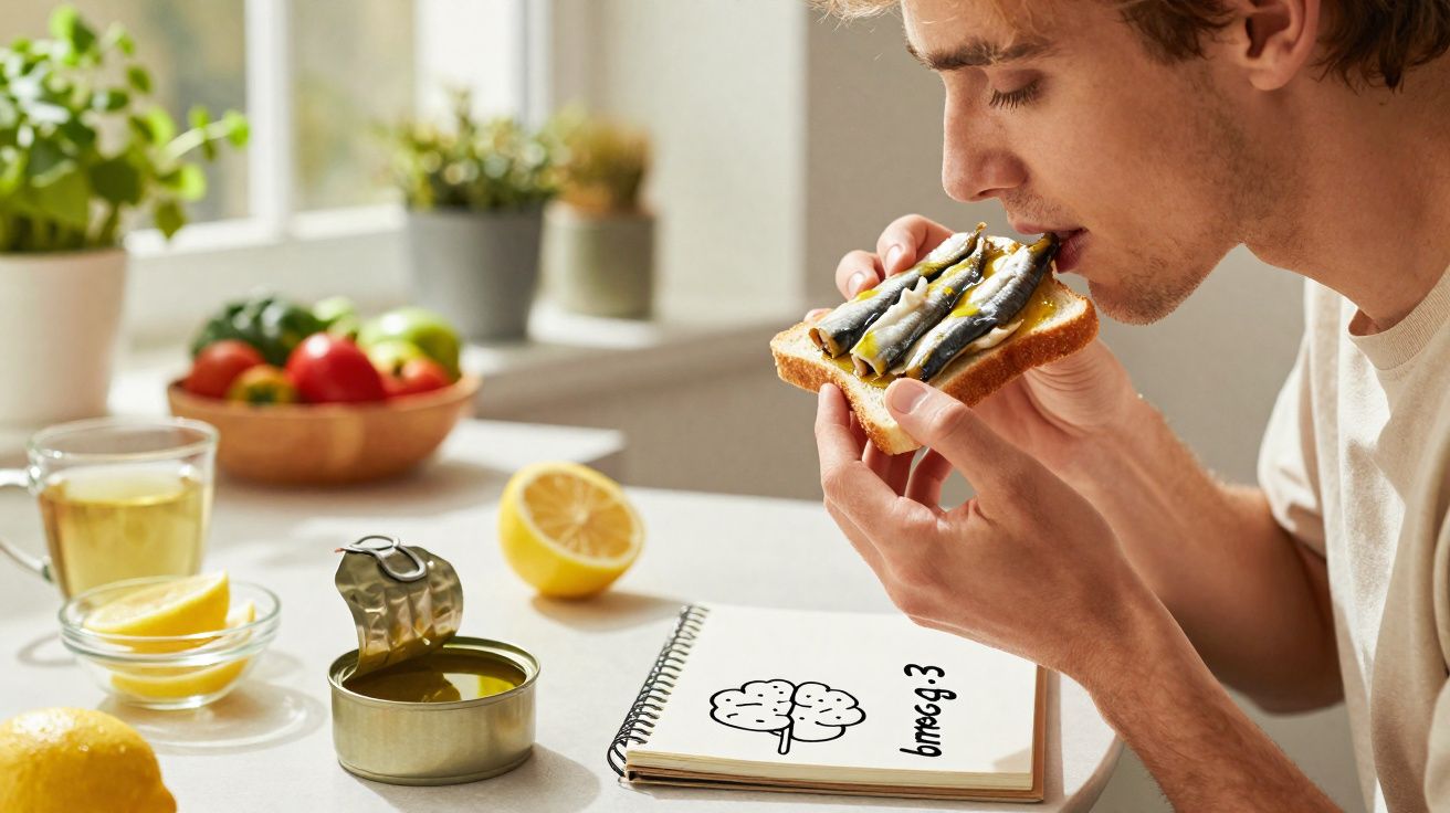 Jeune homme mangeant une tartine aux sardines à l’huile près d’une table avec citron, carnet et fruits.