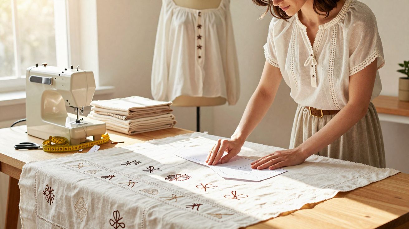 Femme préparant un patron de couture sur un tissu brodé, machine à coudre et mètre ruban sur une table en bois.