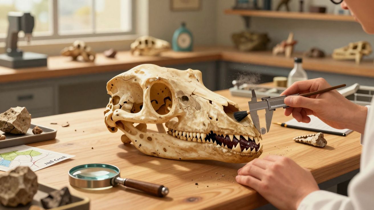 Personne mesurant avec un pied à coulisse un crâne fossile d'animal sur une table en bois dans un labo.