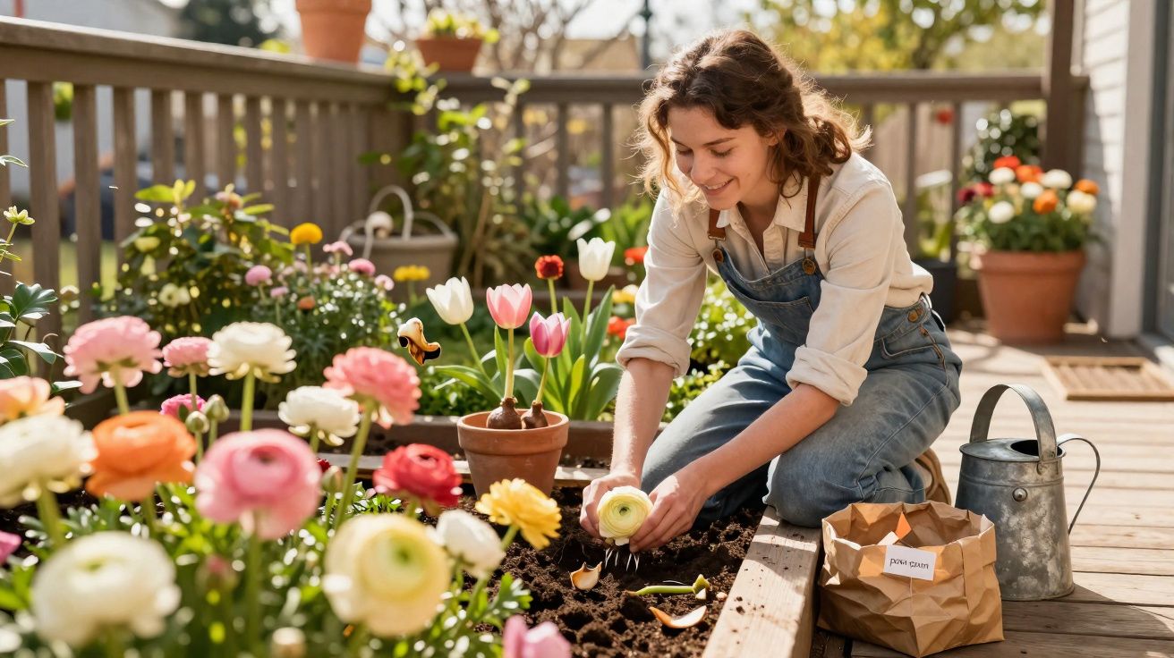 Femme souriante jardinant des fleurs colorées dans un potager sur une terrasse ensoleillée.