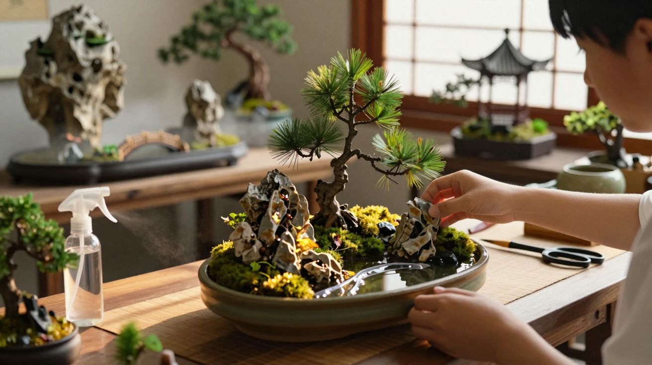 Personne créant un paysage miniature avec plantes, rochers et eau dans un pot sur une table en bois.