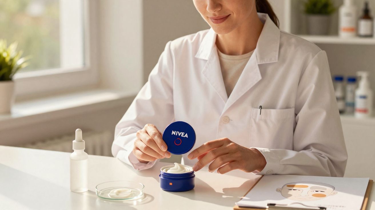 Une femme en blouse blanche ouvre un pot de crème Nivea dans un laboratoire lumineux.