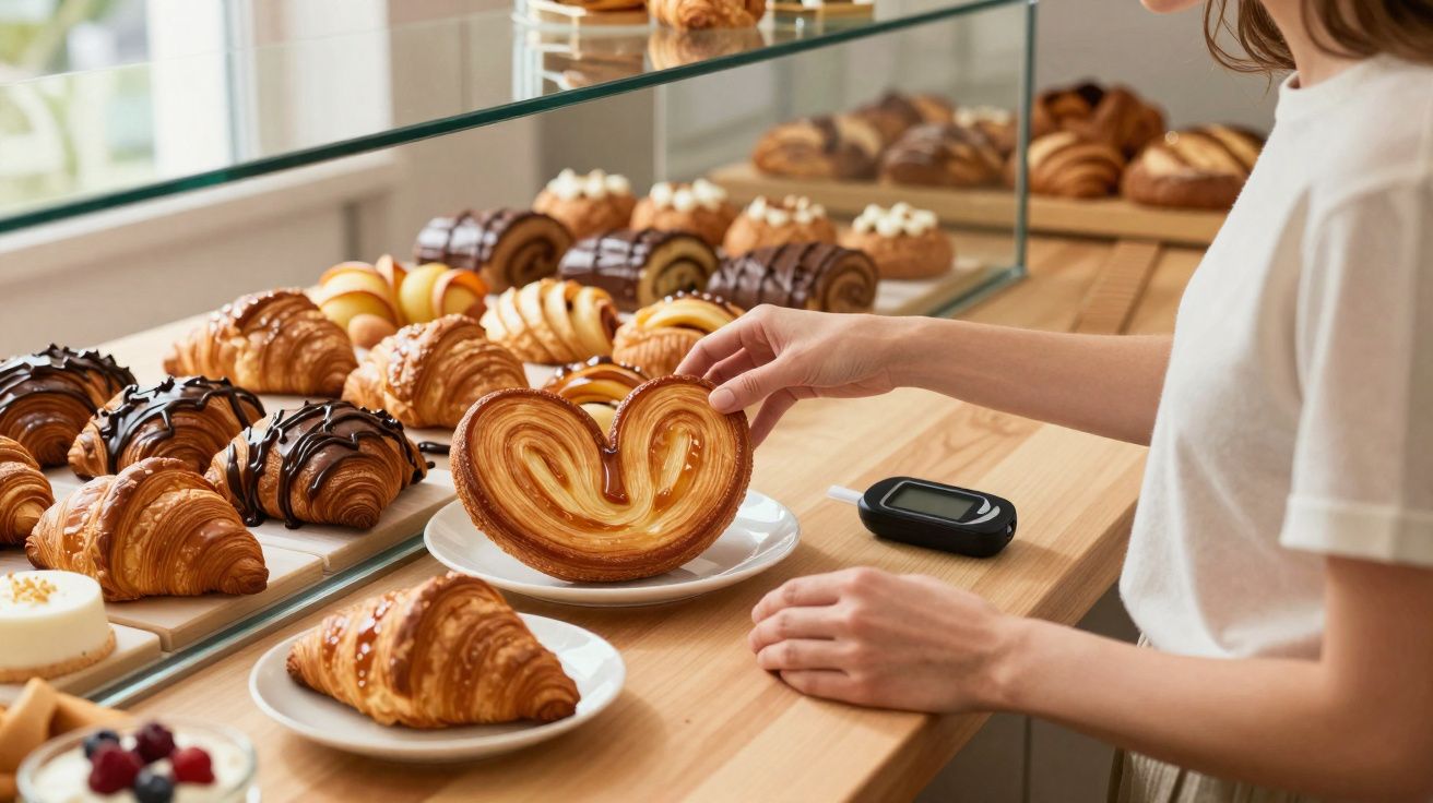 Personne choisissant une pâtisserie en forme de cœur dans une vitrine de boulangerie avec un lecteur de glycémie posé.