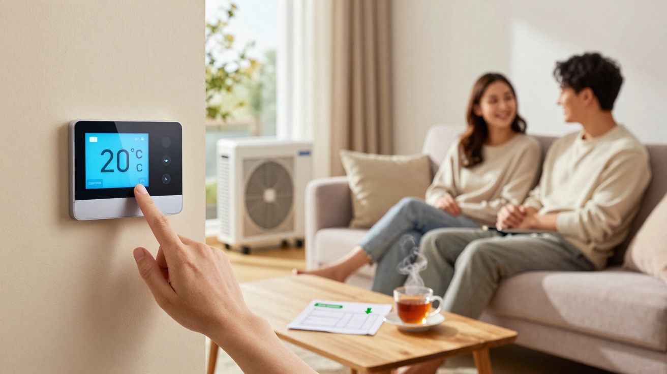 Main réglant un thermostat numérique à 20°C avec un couple assis sur un canapé en arrière-plan.