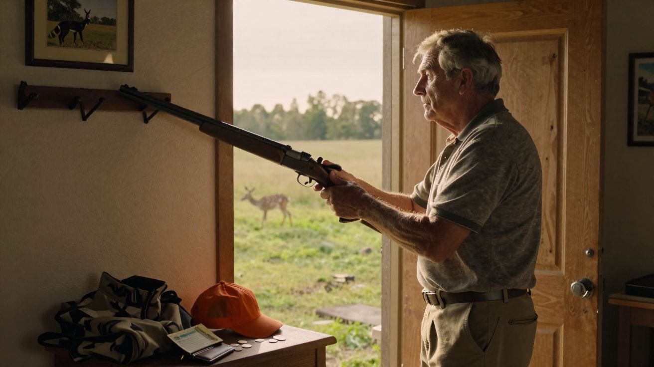 Homme âgé en polo tenant un fusil dans une pièce, avec un cerf visible à l'extérieur par la porte ouverte.