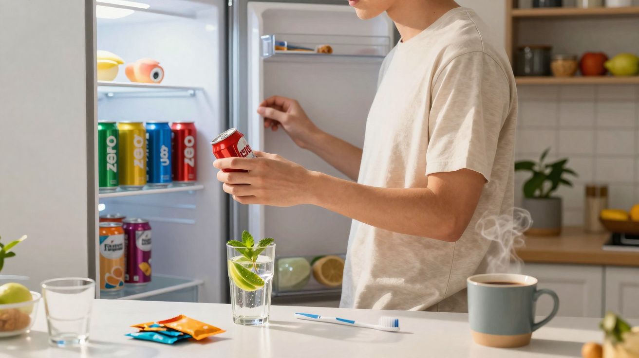 Homme tenant une canette devant un réfrigérateur ouvert dans une cuisine moderne, tasse fumante et verre avec citron vert.