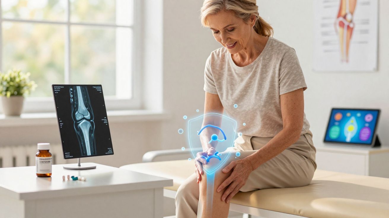 Femme examinant et touchant son genou avec radiographie et illustration numérique de l'articulation.