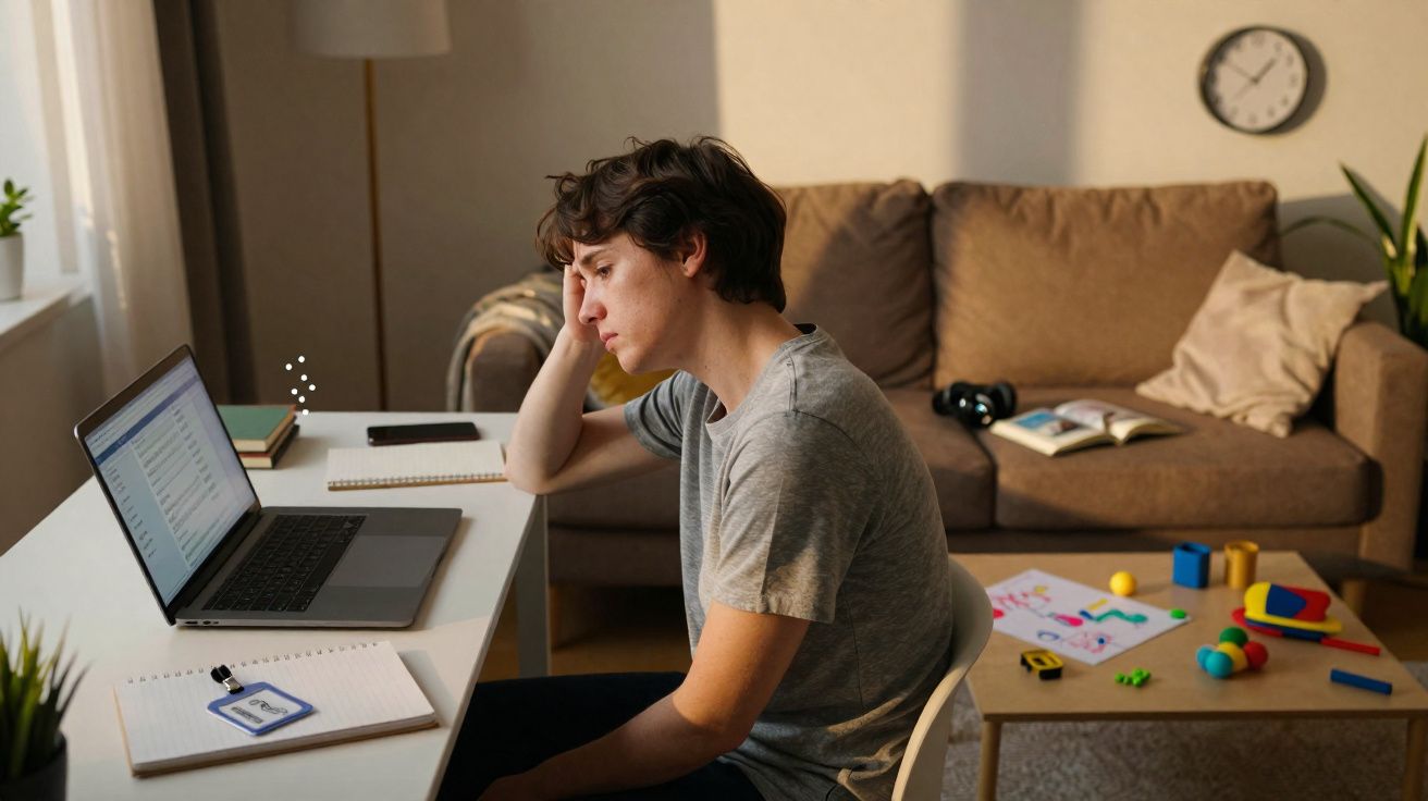 Jeune homme pensif travaillant sur un ordinateur portable dans un salon avec jouets d'enfant en arrière-plan.