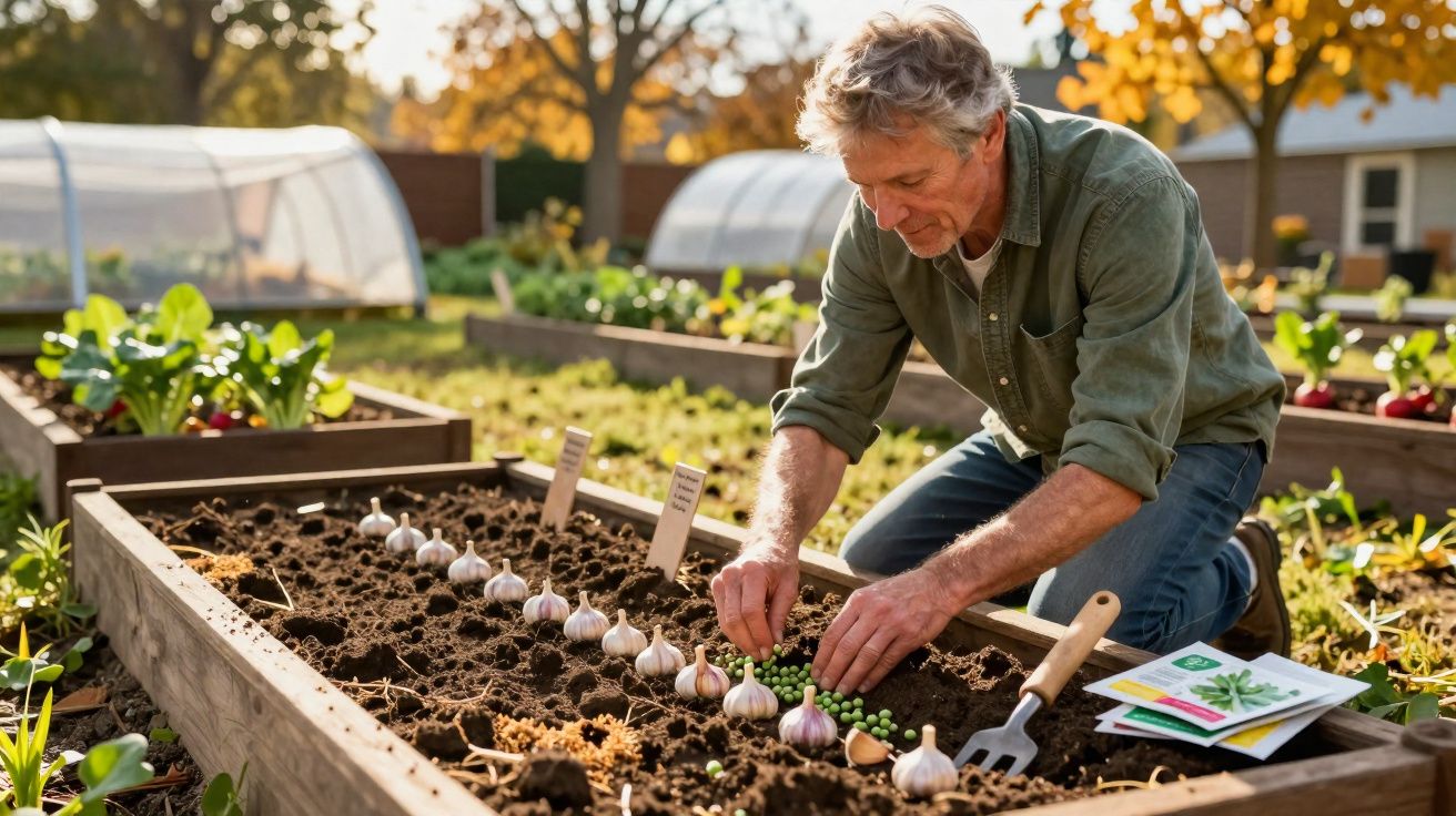 Homme plantant des graines dans un potager surélevé par une journée ensoleillée d'automne.