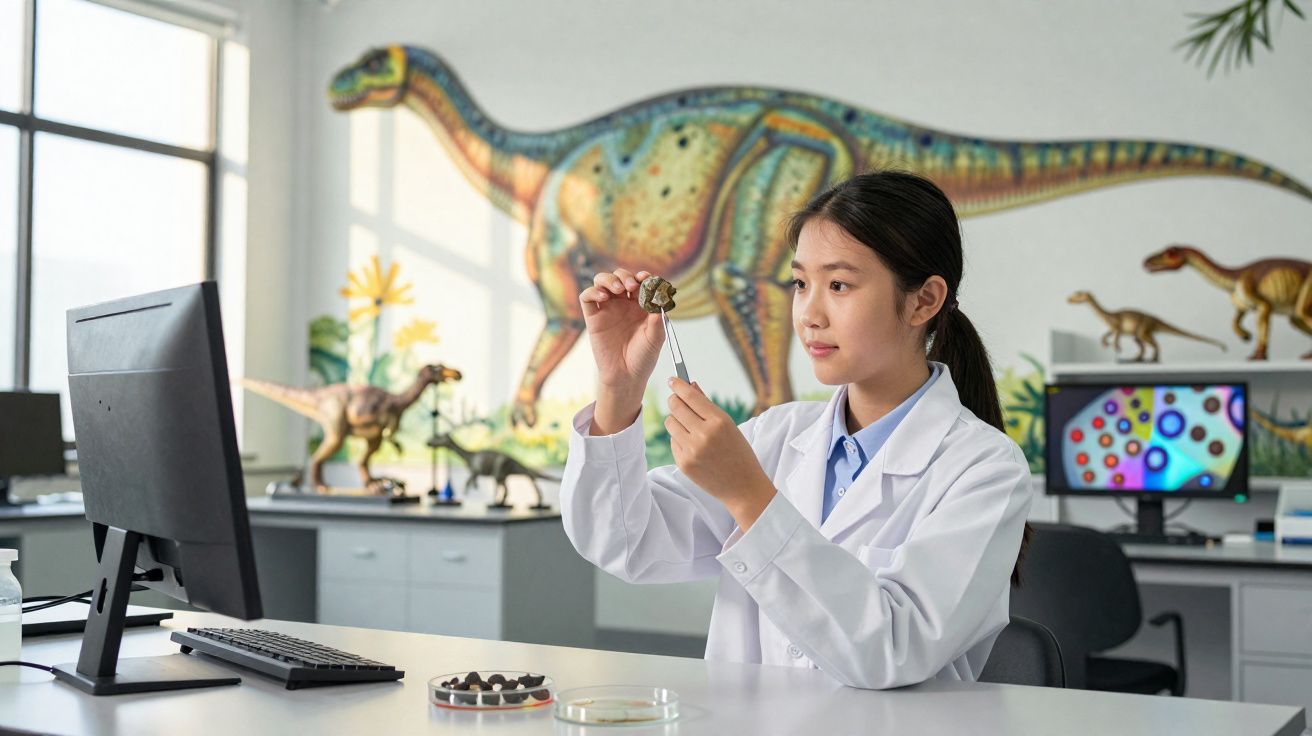 Jeune scientifique examinant un fossile avec des dinosaures en arrière-plan dans un laboratoire moderne.