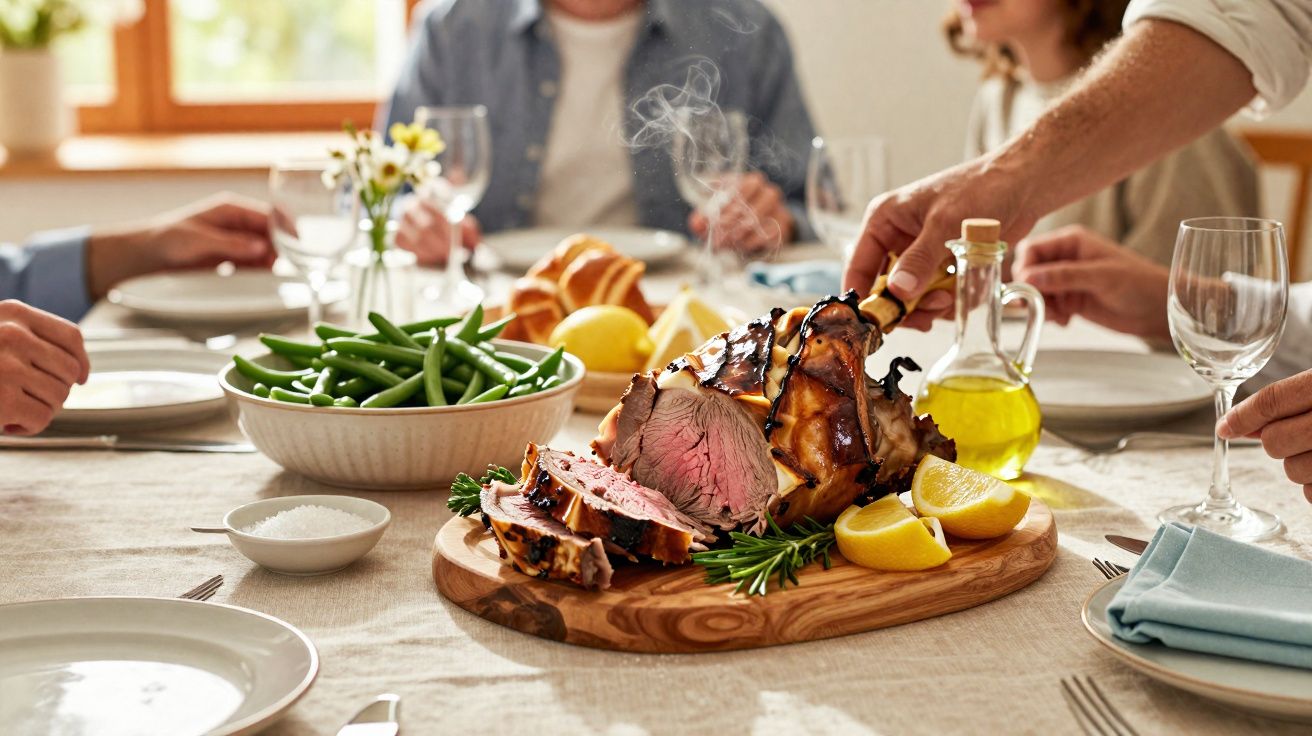 Plat de viande rôtie fumante avec des quartiers de citron et une salade de haricots verts sur une table dressée.