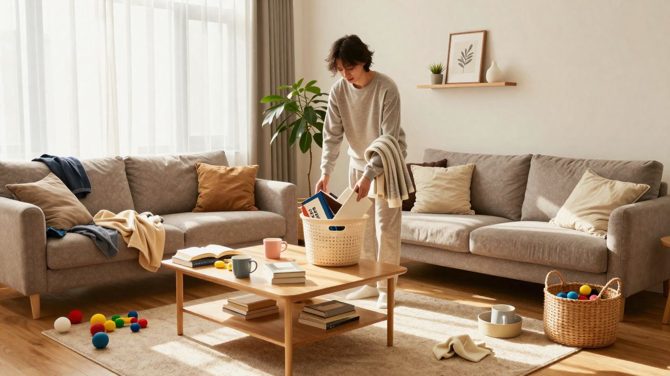 Personne rangeant des livres dans un panier dans un salon clair avec deux canapés et une table en bois.