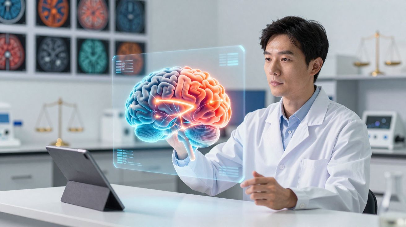 Médecin en blouse blanche analysant une image holographique colorée du cerveau humain en laboratoire moderne.