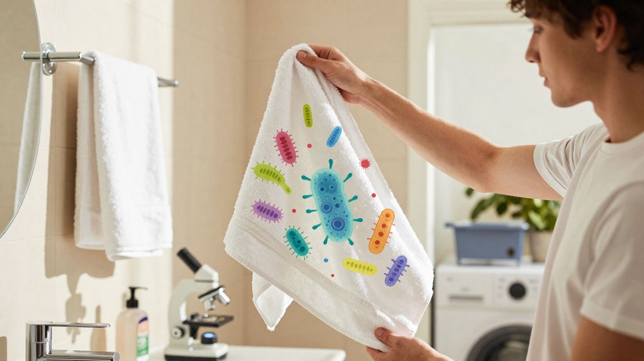 Un homme tient une serviette blanche illustrée avec de grosses bactéries colorées dans une salle de bain.